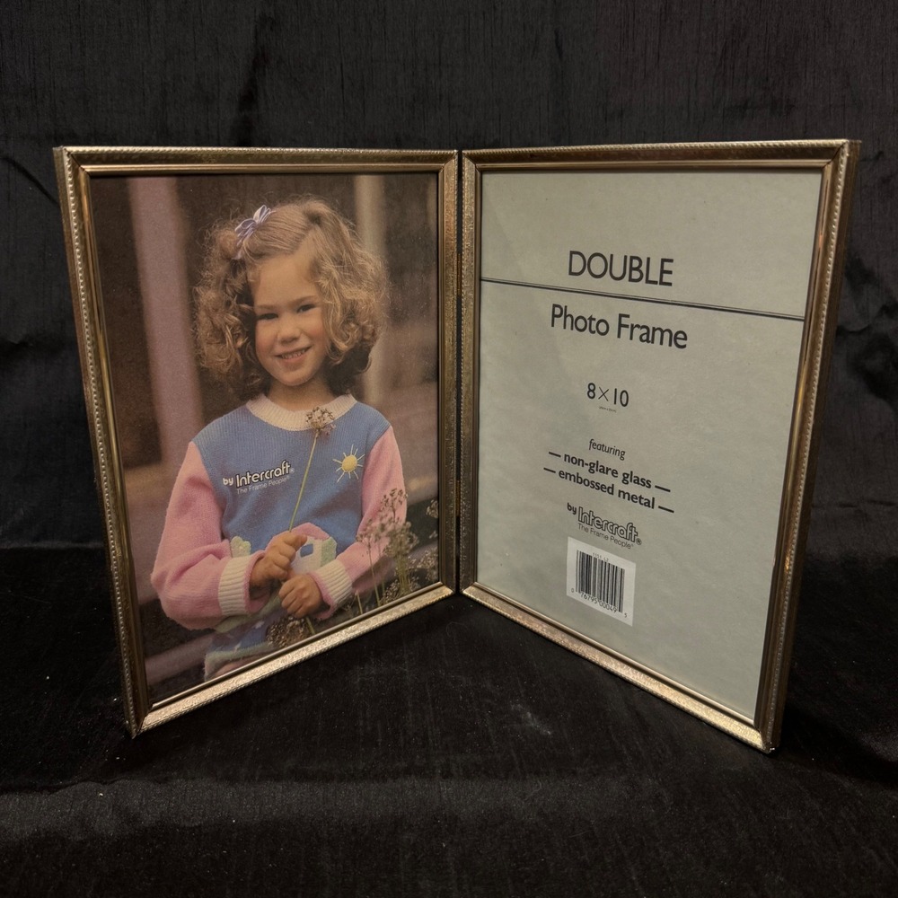 Intercraft Double Photo Frame 8x10 Embossed Metal Gold Non-Glare Glass Vintage